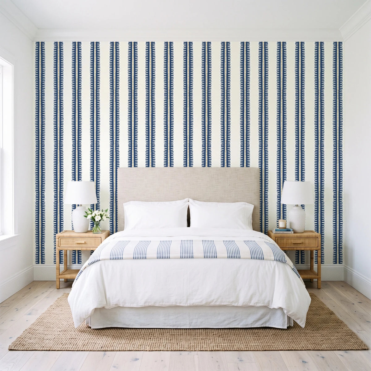 Citrine Column Navy stripe wallpaper behind a queen bed in a bright coastal bedroom