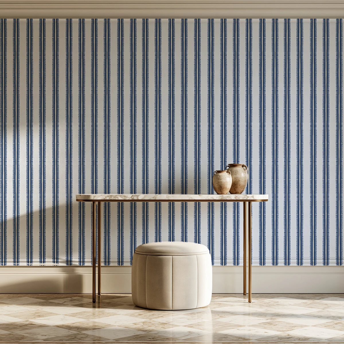 Citrine Column Navy stripe wallpaper on the wall of a grand entry foyer