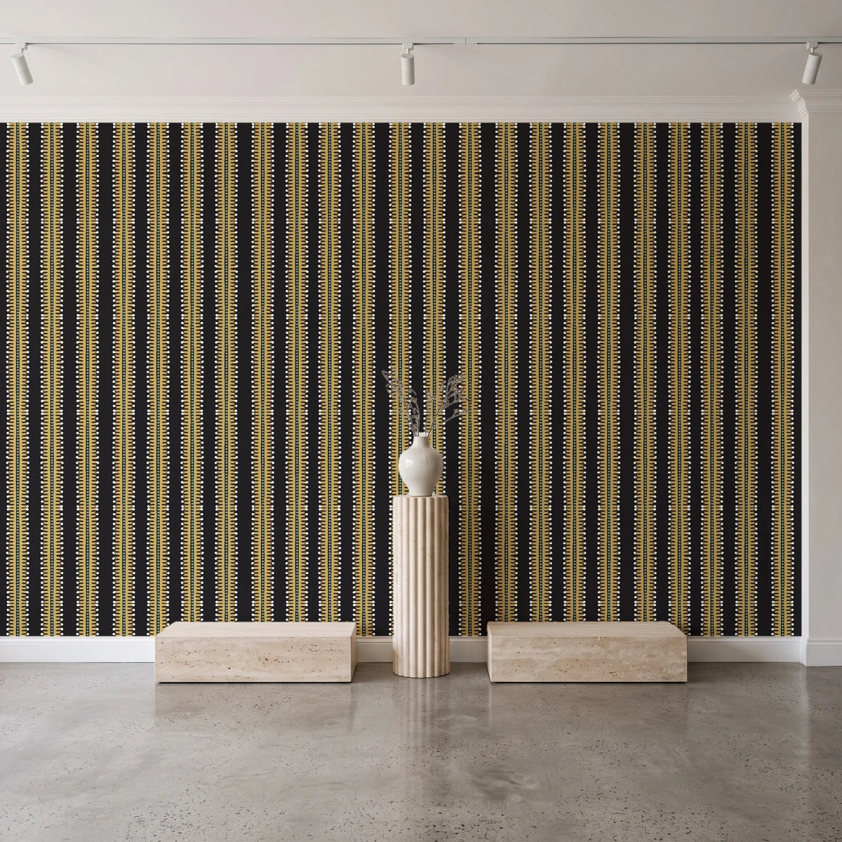 Citrine Column Noir stripe wallpaper behind a travertine pedestal and vase in a minimal boutique