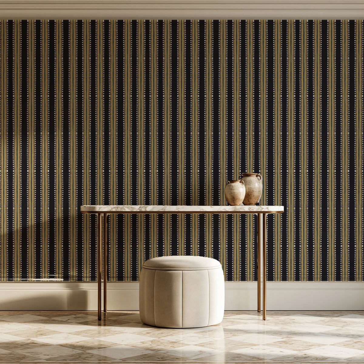 Citrine Column Noir stripe wallpaper on the wall of a grand entry foyer