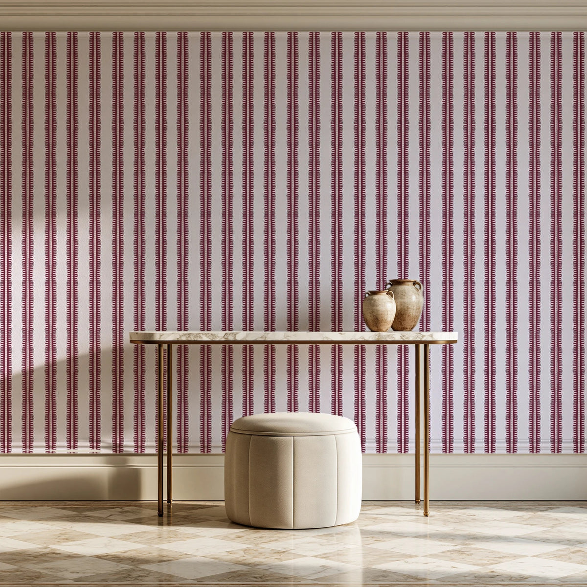 Citrine Column Oxblood stripe wallpaper on the wall of a grand entry foyer