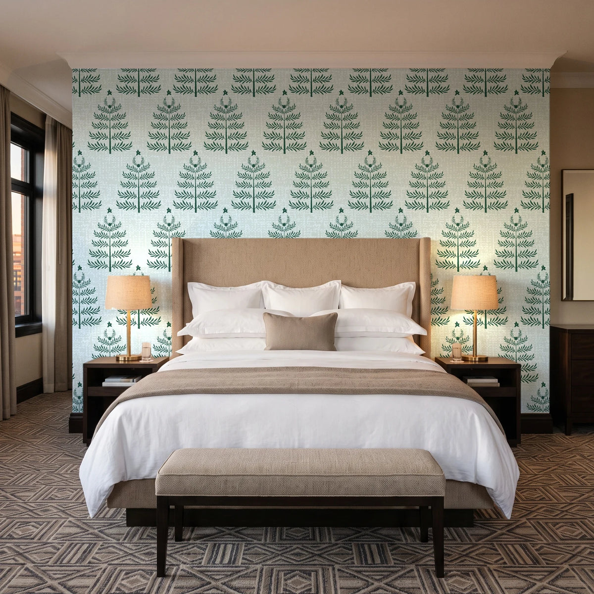 Clipped Dreams Forest tree wallpaper behind the headboard of a king bed in a contemporary hotel guest room