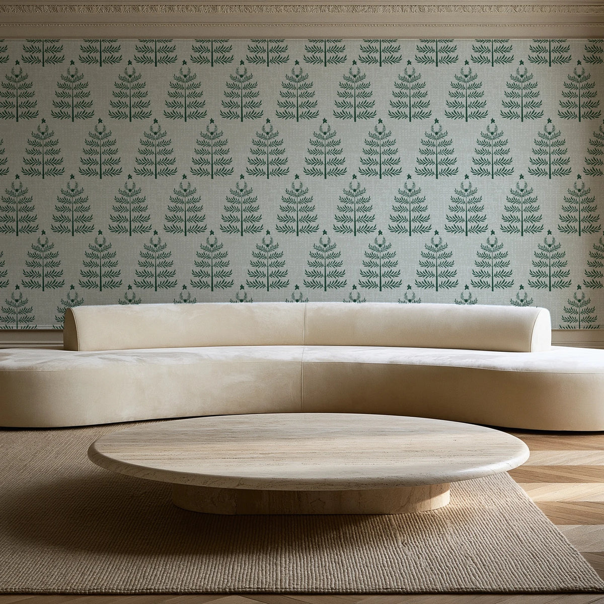 Clipped Dreams Forest tree wallpaper in an elegant living room