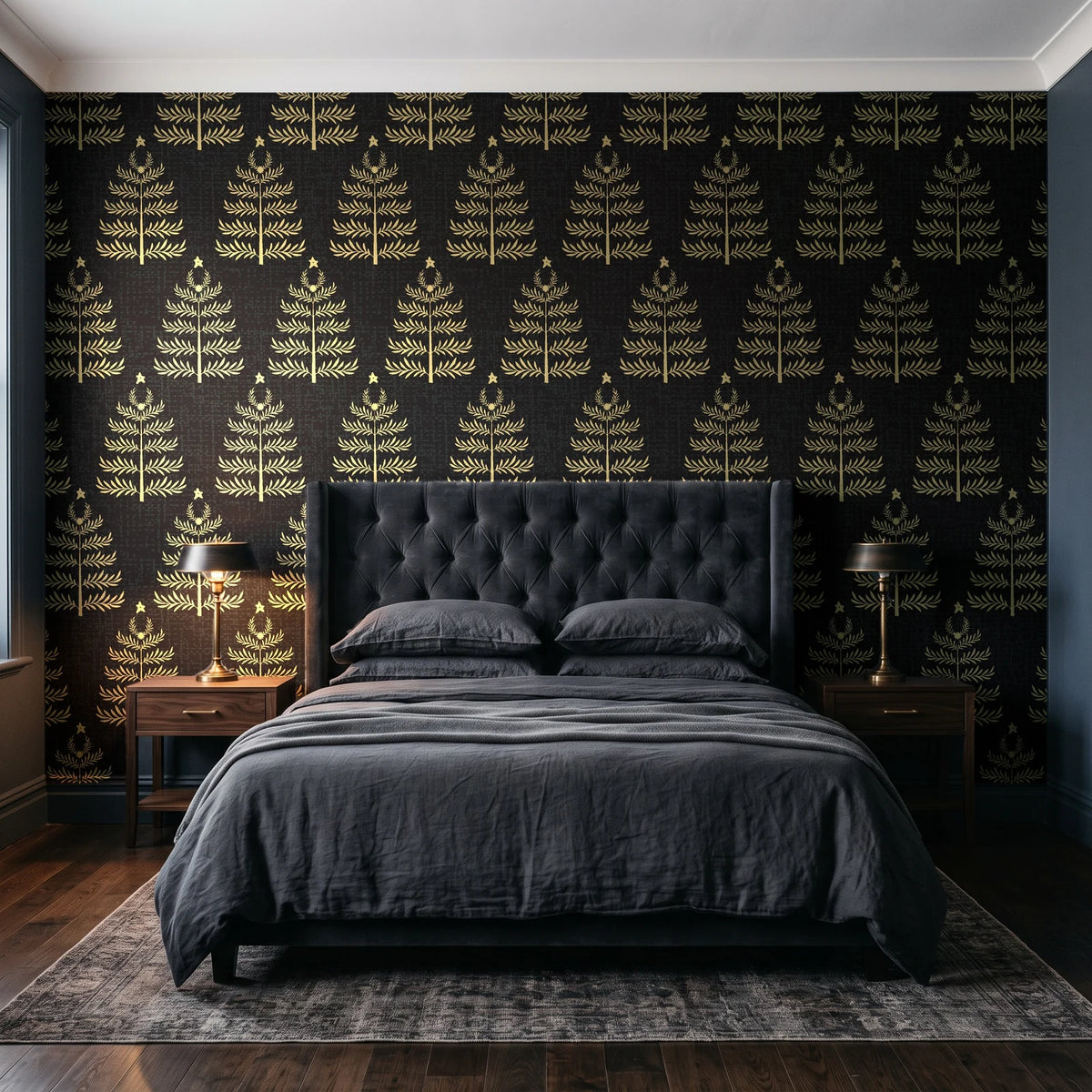 Clipped Dreams Noir tree wallpaper behind a tufted headboard in a dark, moody bedroom