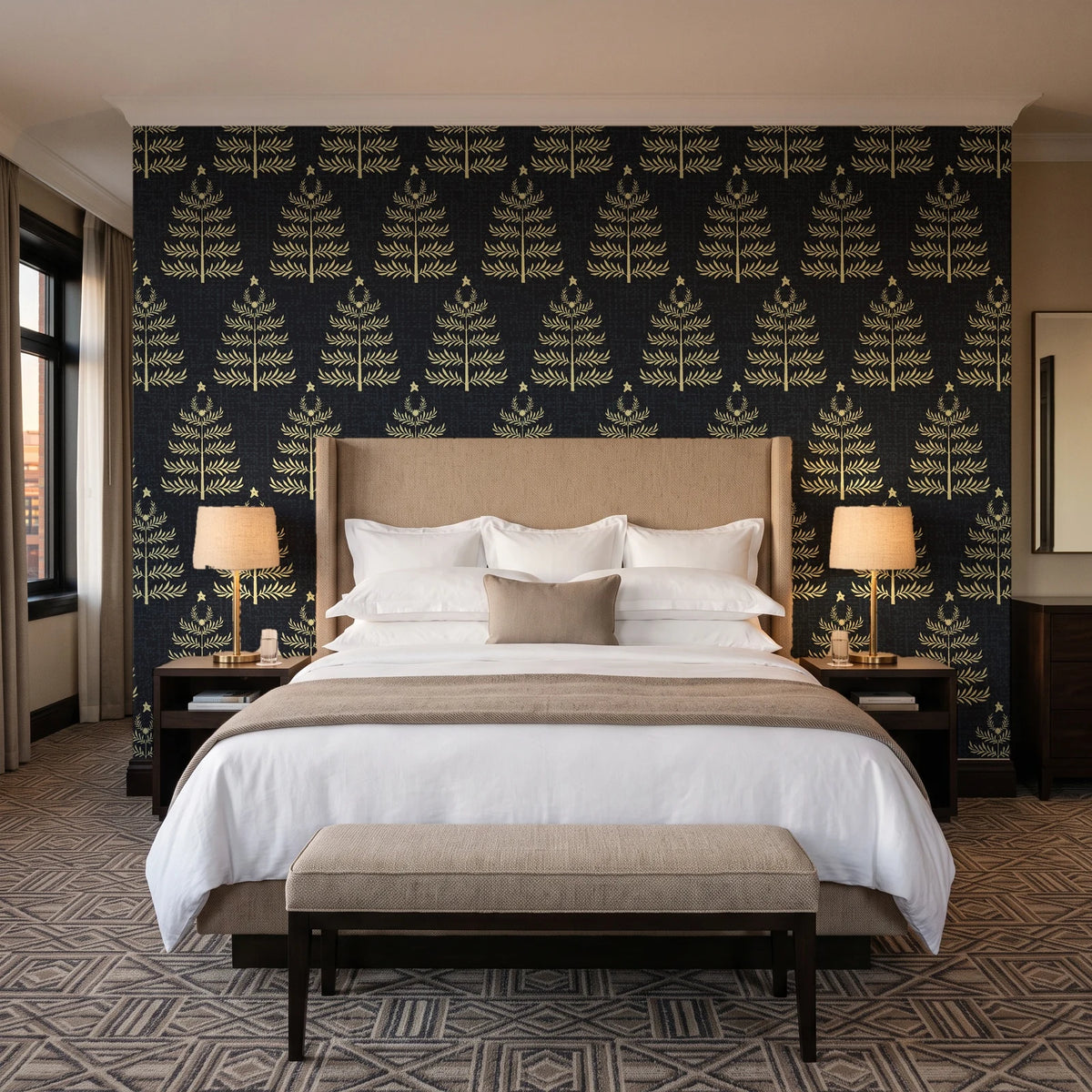 Clipped Dreams Noir tree wallpaper behind the headboard of a king bed in a contemporary hotel guest room