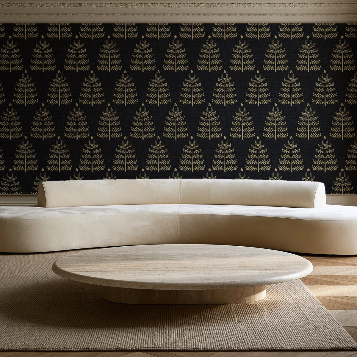 Clipped Dreams Noir tree wallpaper in an elegant living room