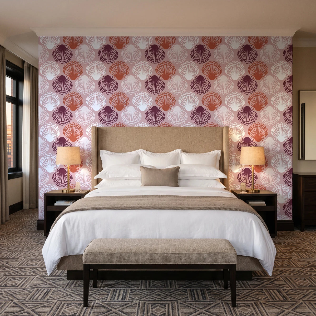 Coastal Scallop Blush scallop shell wallpaper behind the headboard of a king bed in a contemporary hotel guest room