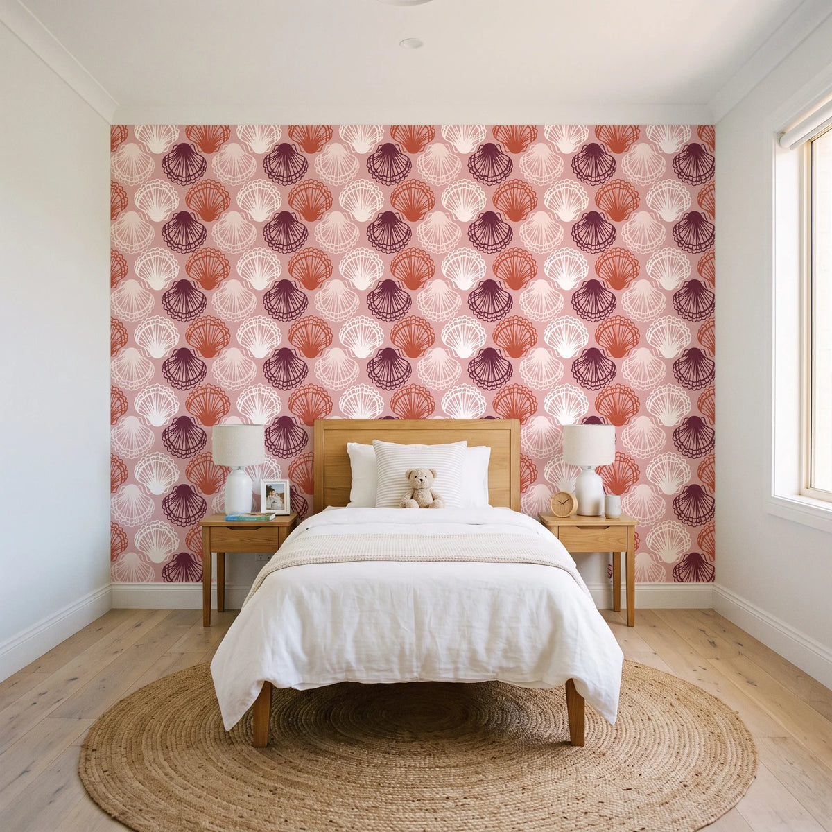 Coastal Scallop Blush scallop shell wallpaper in a bright, cheerful child's bedroom