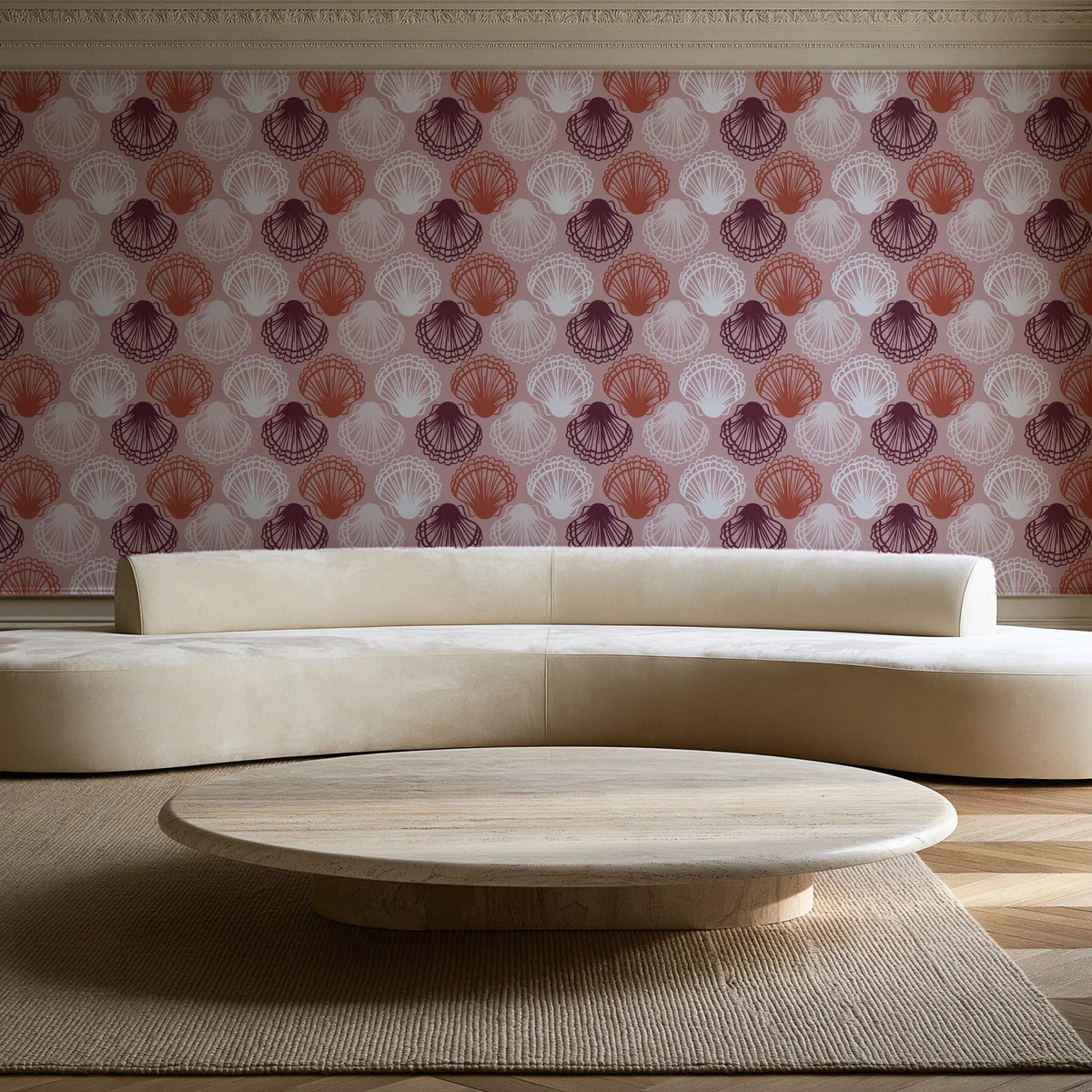 Coastal Scallop Blush scallop shell wallpaper in an elegant living room