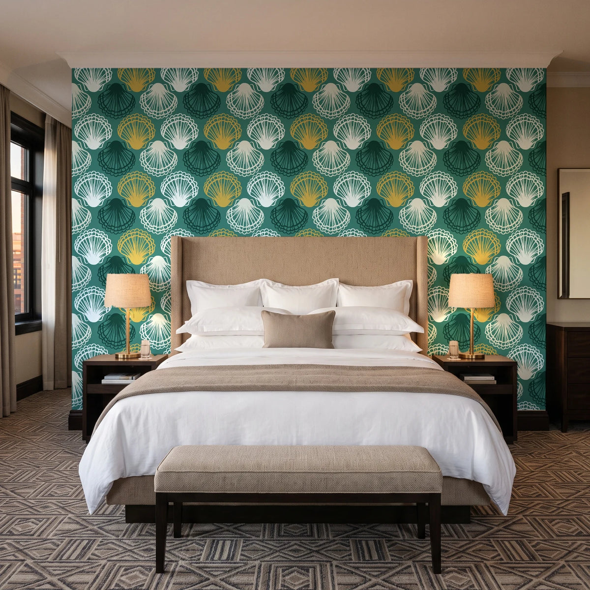 Coastal Scallop Emerald scallop shell wallpaper behind the headboard of a king bed in a contemporary hotel guest room