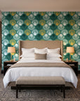 Coastal Scallop Emerald scallop shell wallpaper behind the headboard of a king bed in a contemporary hotel guest room