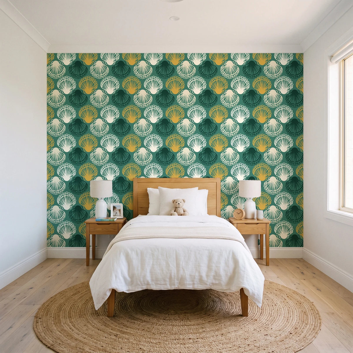 Coastal Scallop Emerald scallop shell wallpaper in a bright, cheerful child's bedroom