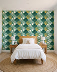 Coastal Scallop Emerald scallop shell wallpaper in a bright, cheerful child's bedroom