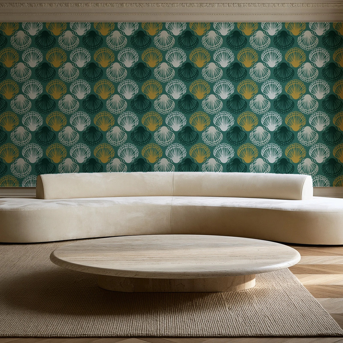 Coastal Scallop Emerald scallop shell wallpaper in an elegant living room