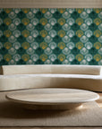 Coastal Scallop Emerald scallop shell wallpaper in an elegant living room