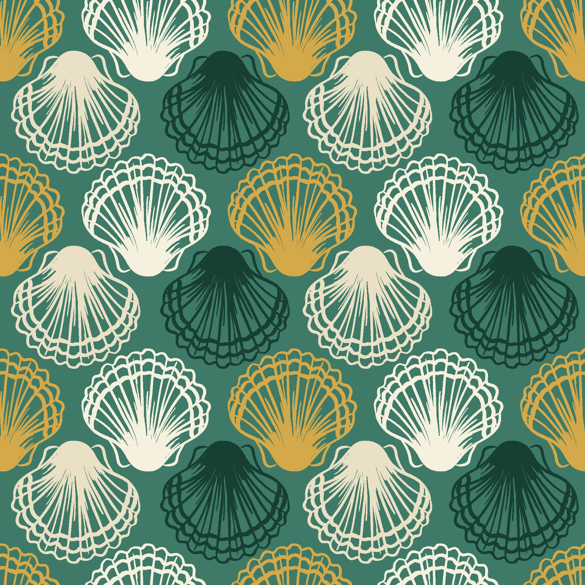 Coastal Scallop Emerald scallop shell wallpaper in emerald and brass