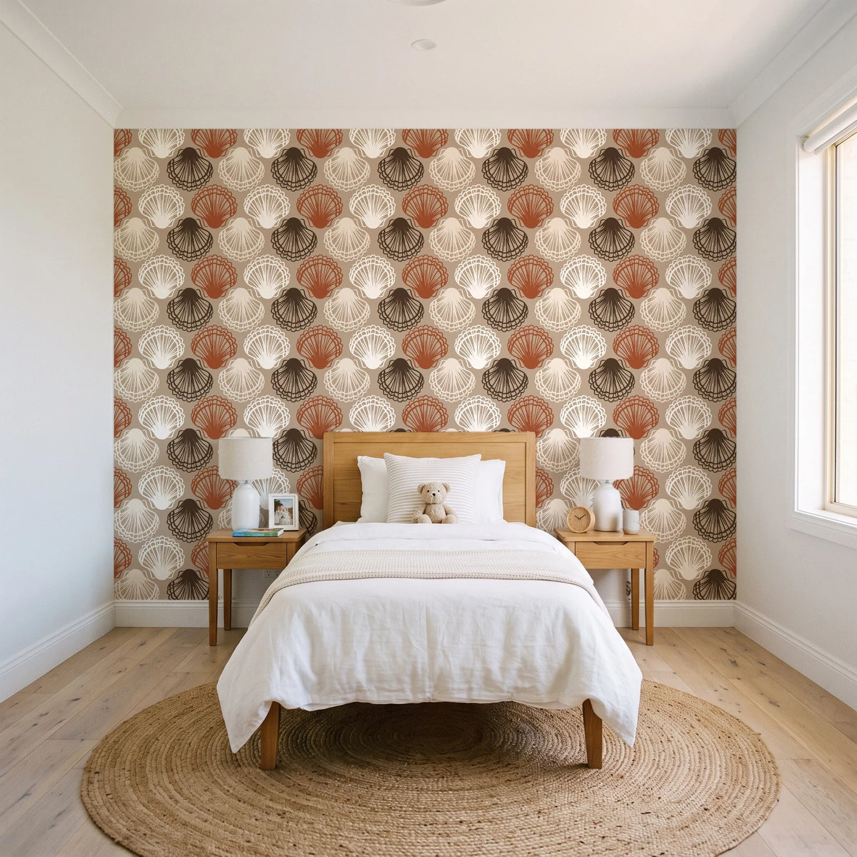 Coastal Scallop Mocha scallop shell wallpaper in a bright, cheerful child's bedroom