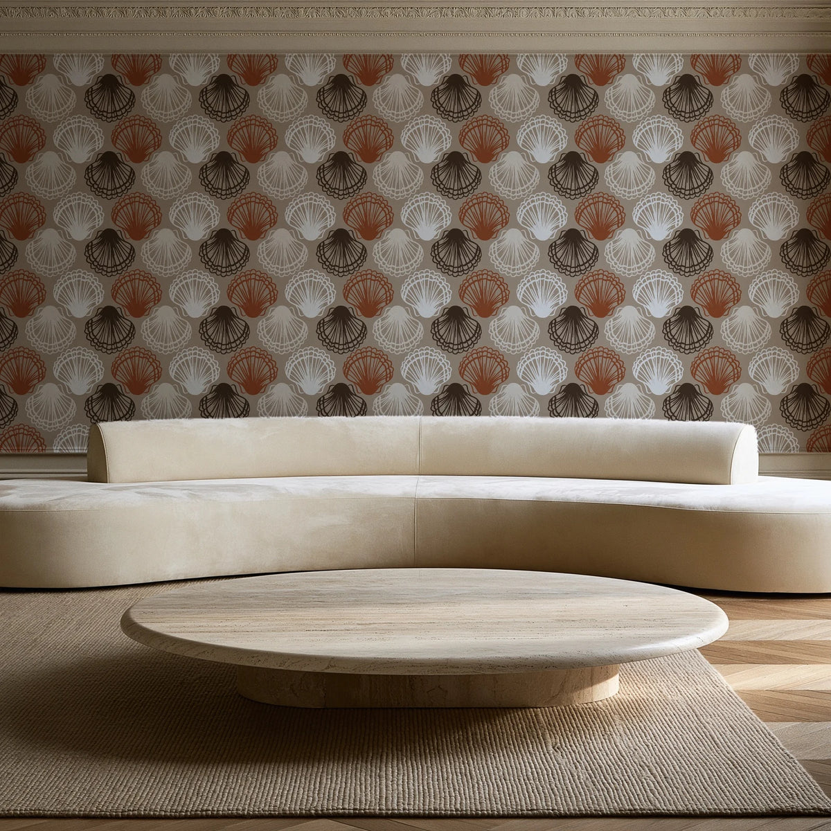 Coastal Scallop Mocha scallop shell wallpaper in an elegant living room