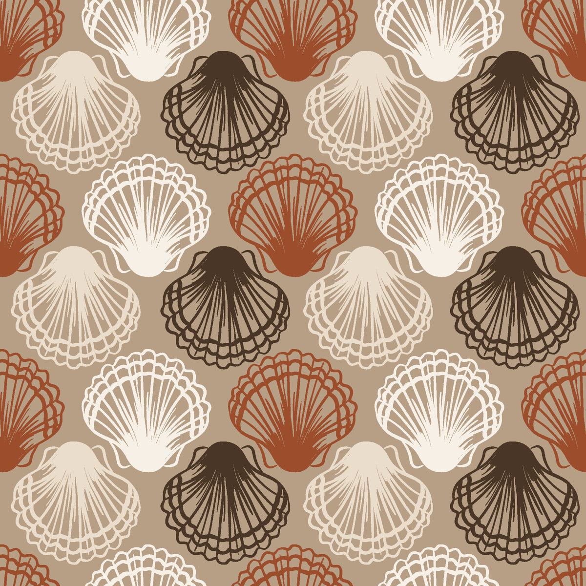 Coastal Scallop Mocha scallop shell wallpaper in mocha and cream