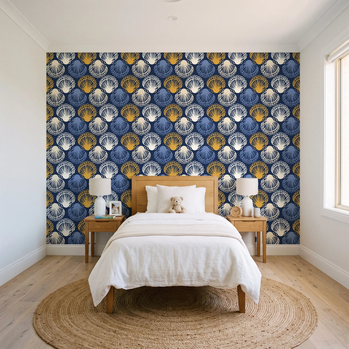 Coastal Scallop Navy scallop shell wallpaper in a bright, cheerful child's bedroom