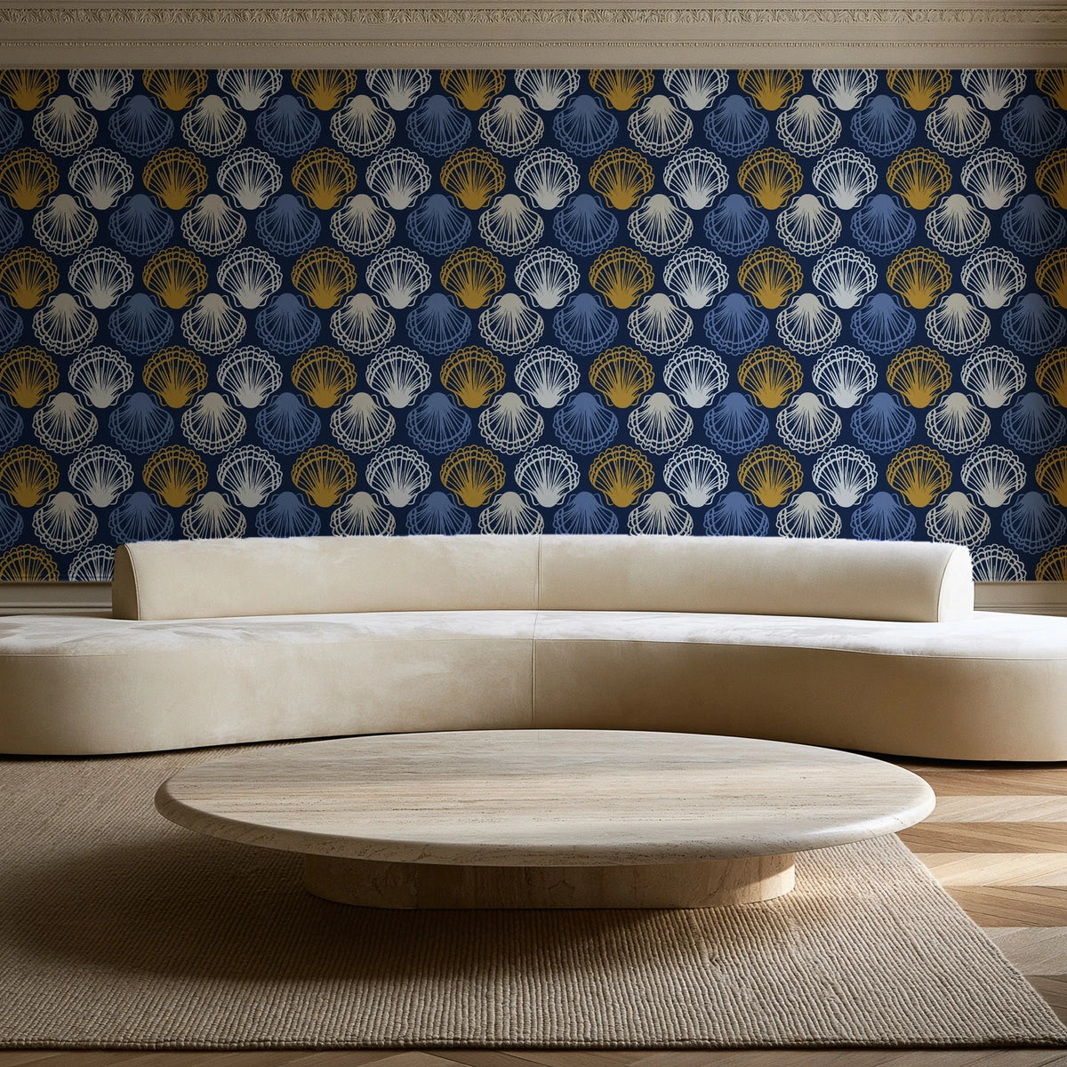 Coastal Scallop Navy scallop shell wallpaper in an elegant living room