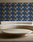 Coastal Scallop Navy scallop shell wallpaper in an elegant living room