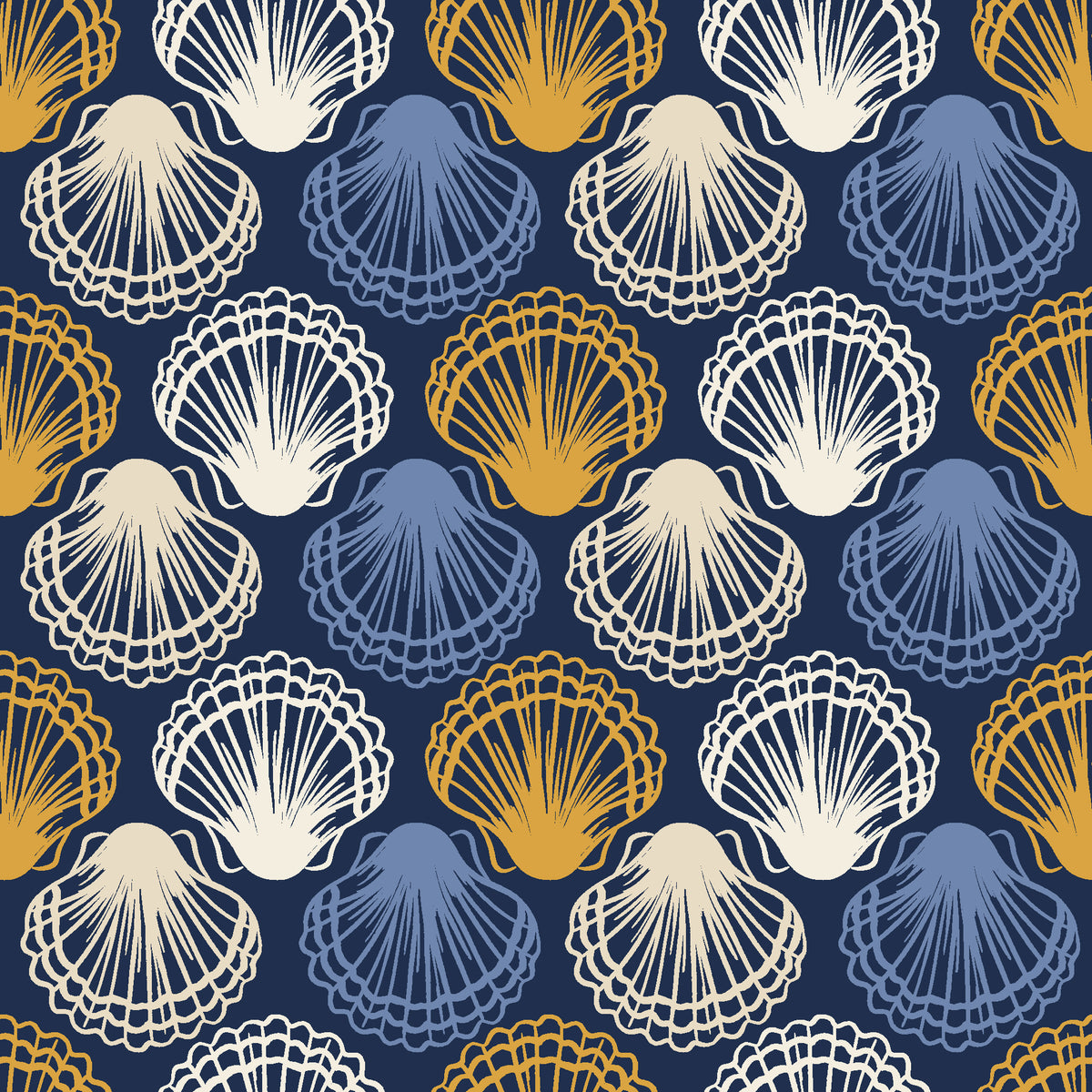 Coastal Scallop Navy scallop shell wallpaper in navy and gold