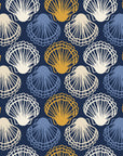 Coastal Scallop Navy scallop shell wallpaper in navy and gold