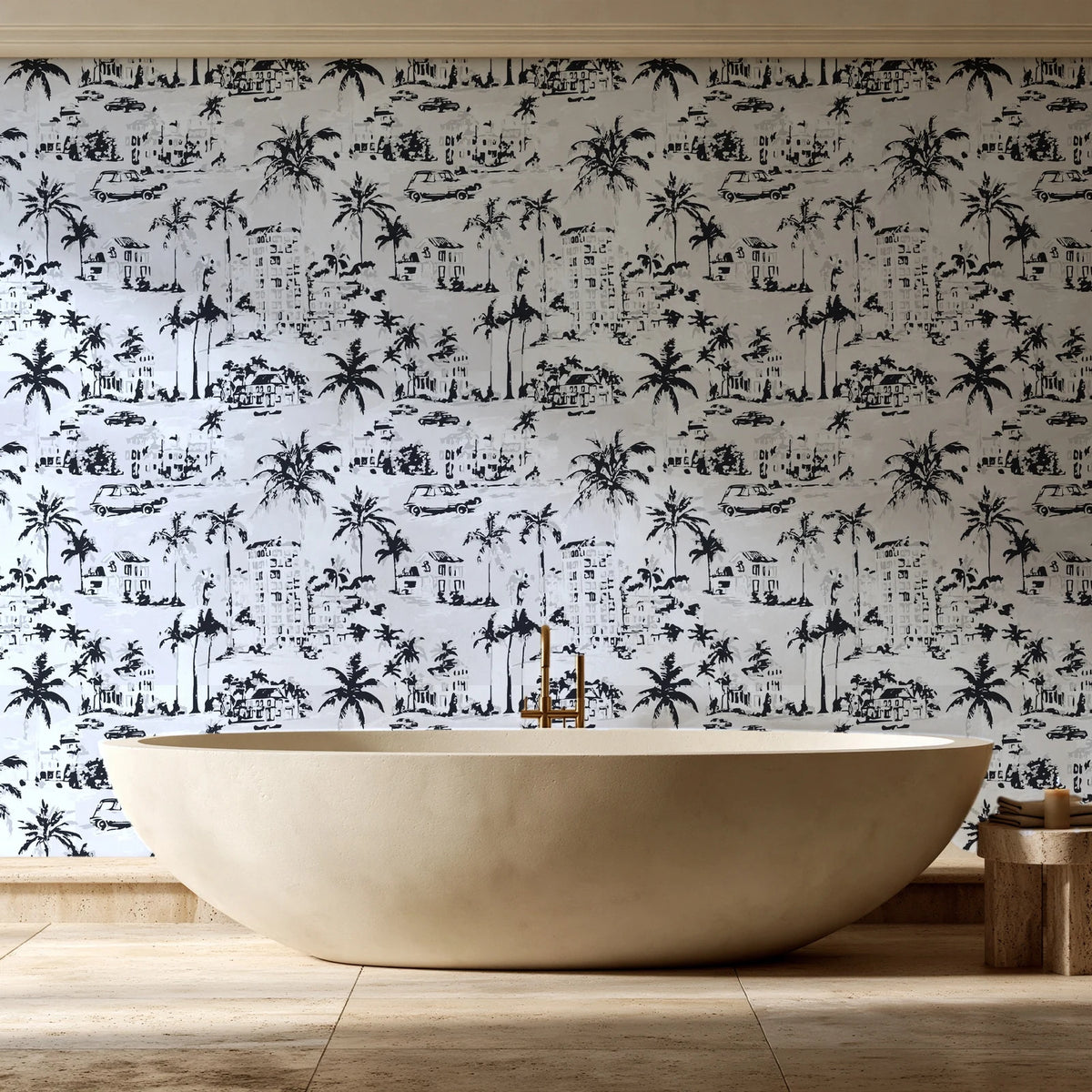 Coastal Village Charcoal palm toile wallpaper creating ambiance in a serene spa bathroom