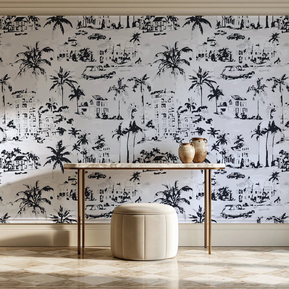 Coastal Village Charcoal palm toile wallpaper on the wall of a grand entry foyer