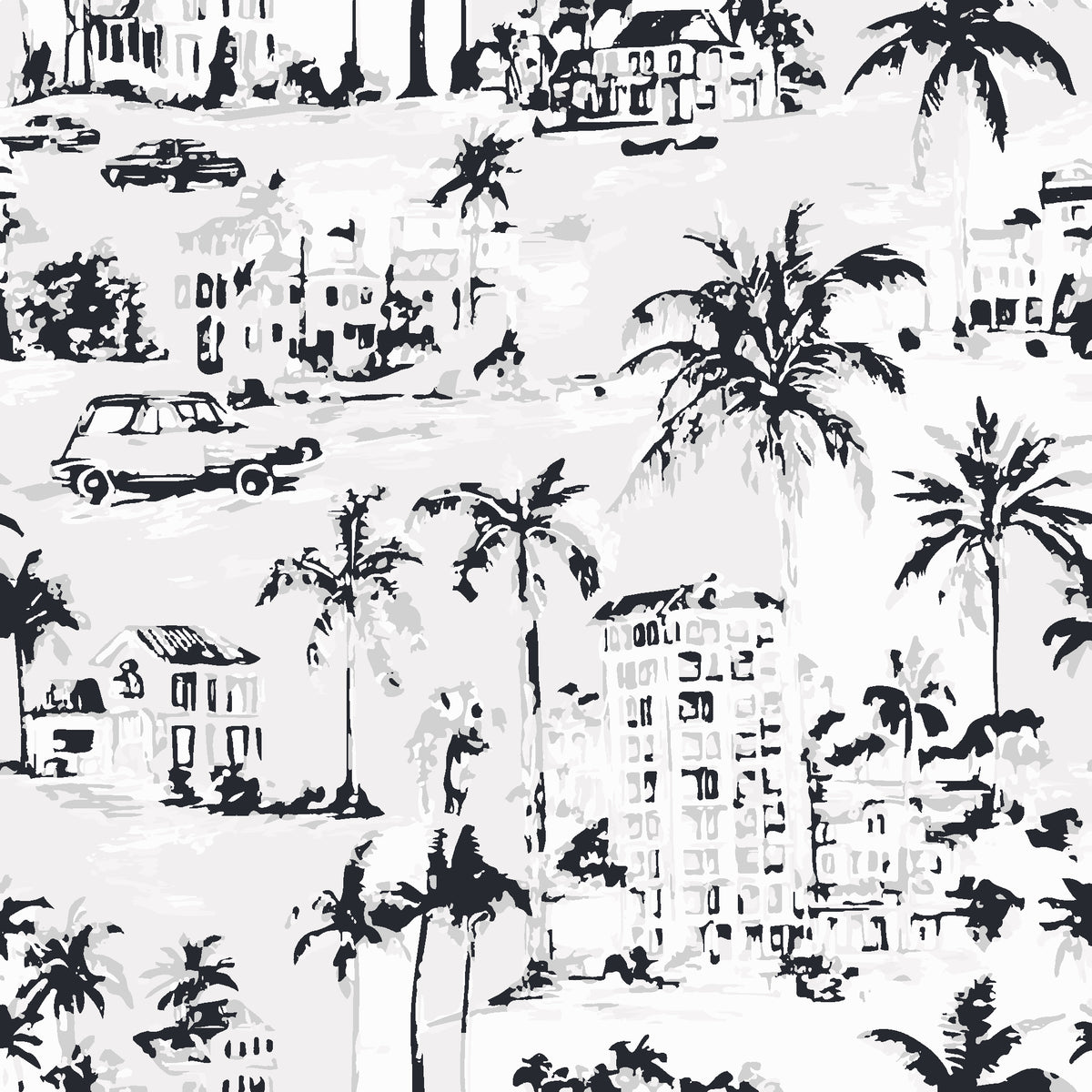 Coastal Village Charcoal palm toile wallpaper in charcoal