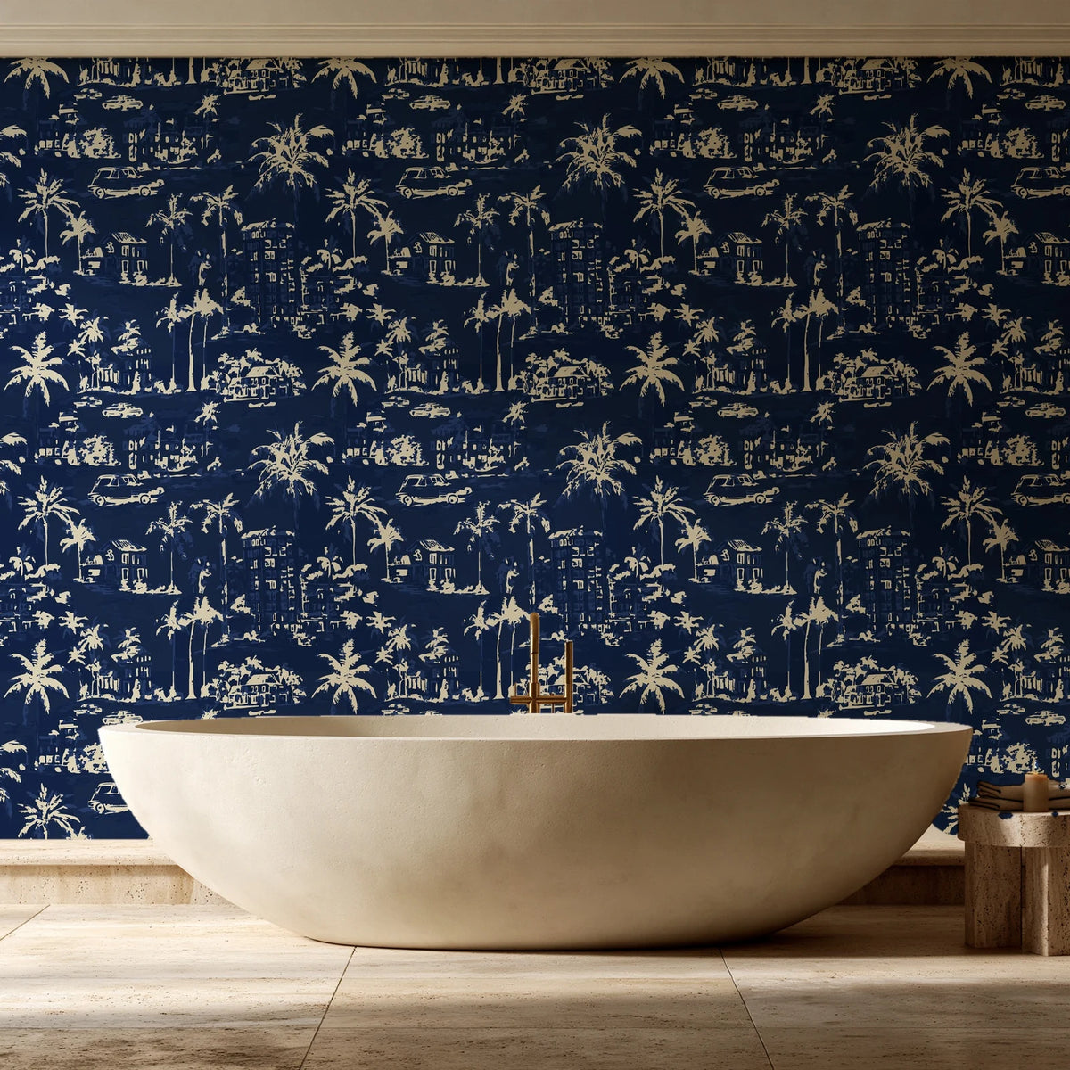 Coastal Village Midnight palm toile wallpaper creating ambiance in a serene spa bathroom