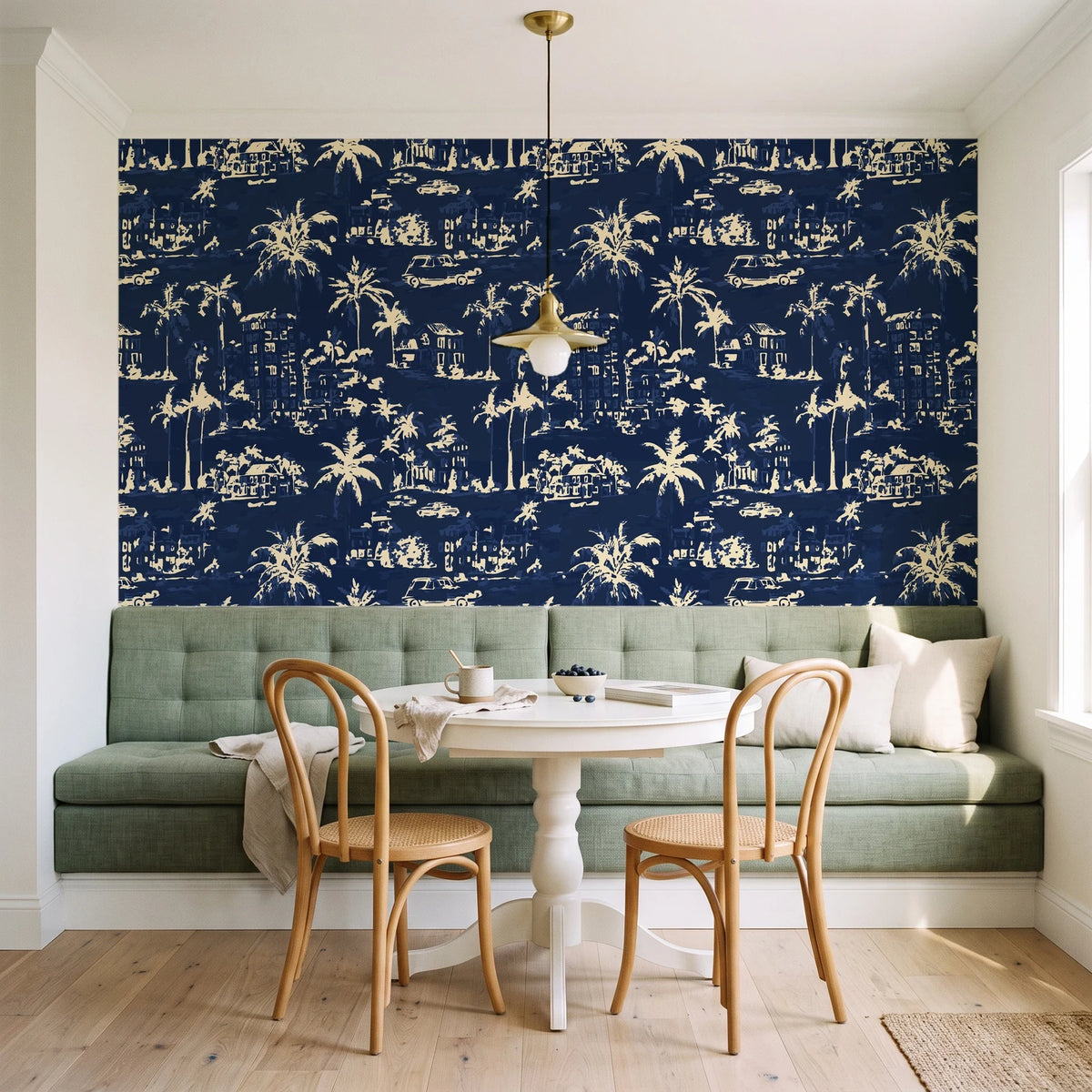 Coastal Village Midnight palm toile wallpaper as a feature wall in a sunlit breakfast nook