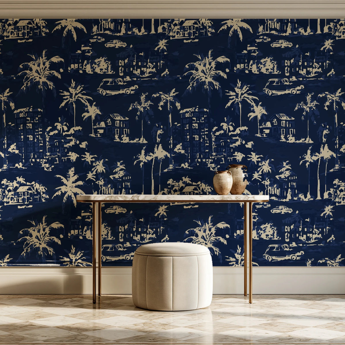Coastal Village Midnight palm toile wallpaper on the wall of a grand entry foyer