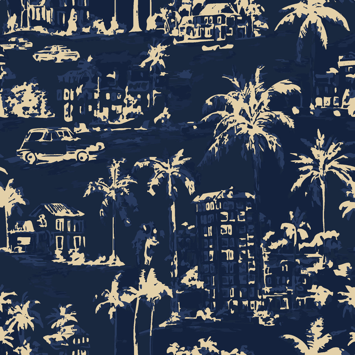 Coastal Village Midnight palm toile wallpaper in midnight and champagne