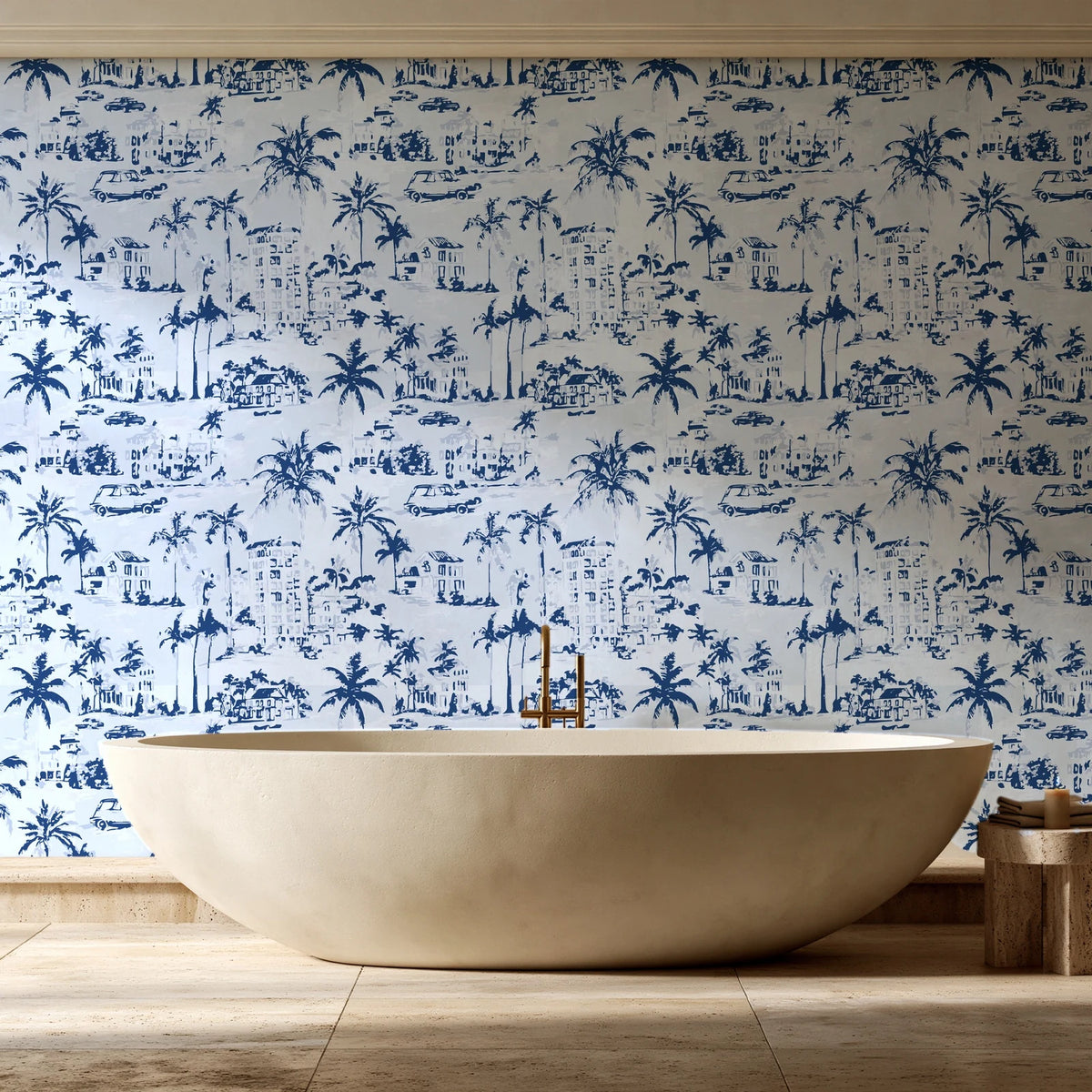 Coastal Village Navy palm toile wallpaper creating ambiance in a serene spa bathroom