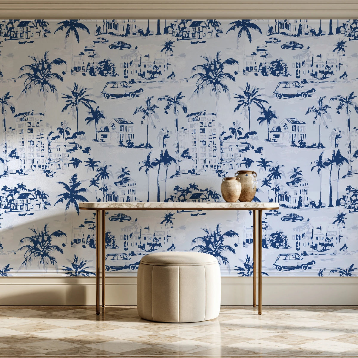 Coastal Village Navy palm toile wallpaper on the wall of a grand entry foyer