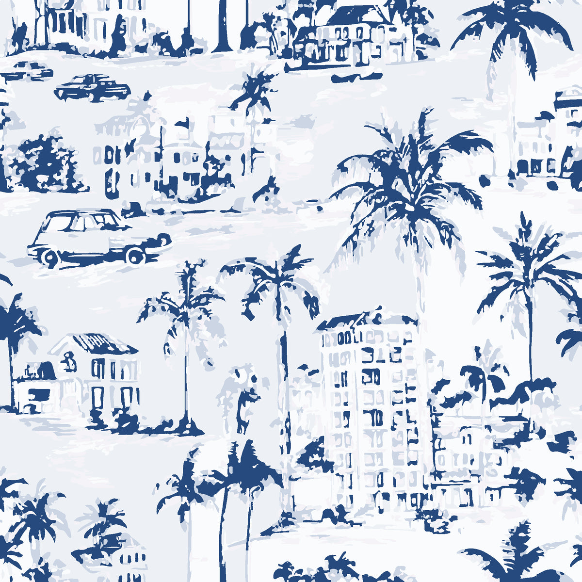Coastal Village Navy palm toile wallpaper in navy