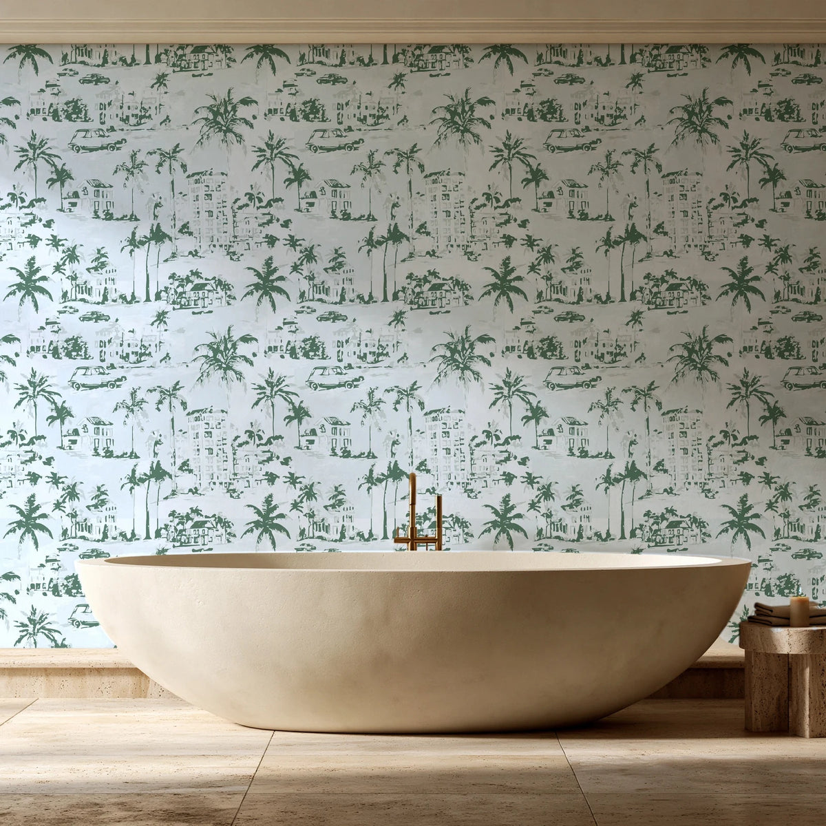 Coastal Village Sage palm toile wallpaper creating ambiance in a serene spa bathroom