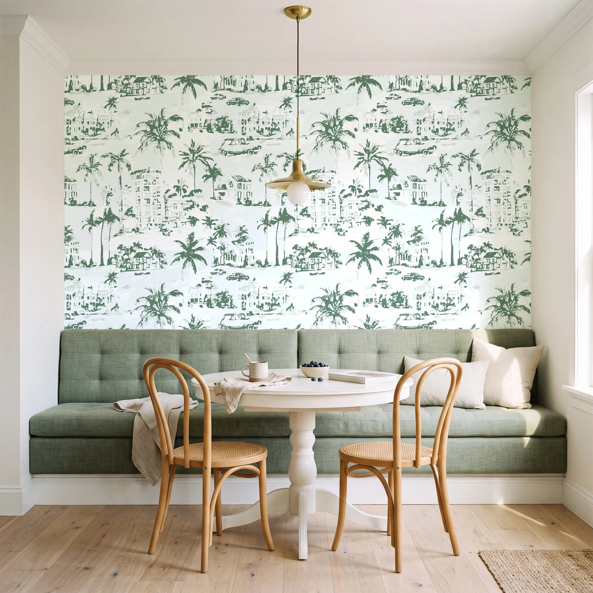 Coastal Village Sage palm toile wallpaper as a feature wall in a sunlit breakfast nook