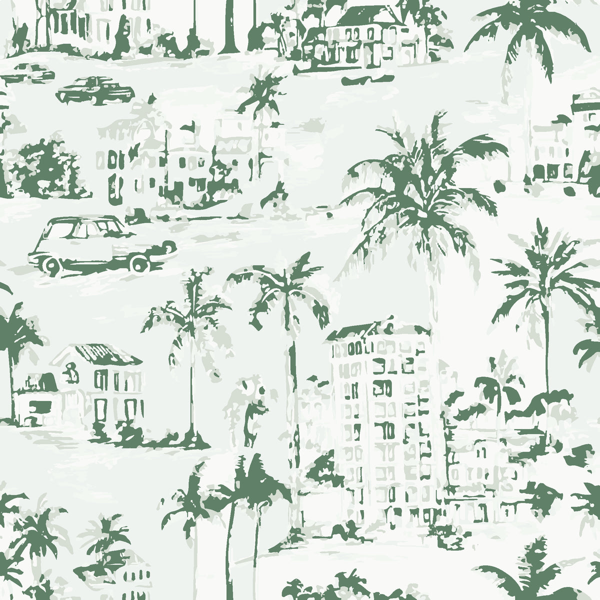 Coastal Village Sage palm toile wallpaper in sage green