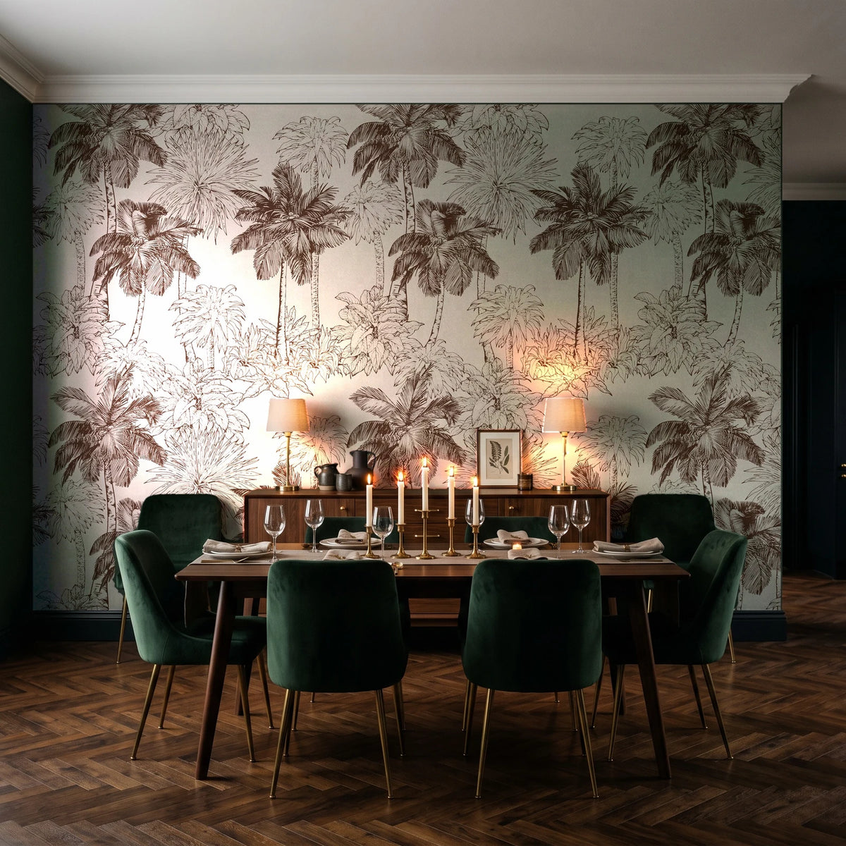 Conservatory Greens Chestnut tropical palm toile wallpaper in a dark moody dining room with a candlelit table