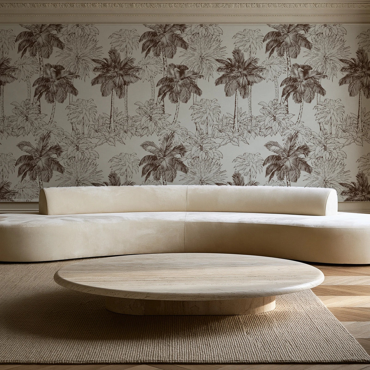 Conservatory Greens Chestnut tropical palm toile wallpaper in an elegant living room