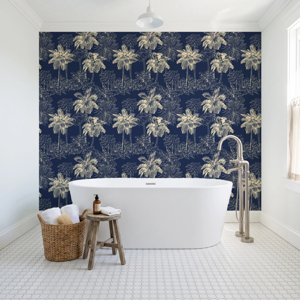 Conservatory Greens Midnight tropical palm toile wallpaper behind a freestanding tub in a bright coastal bathroom