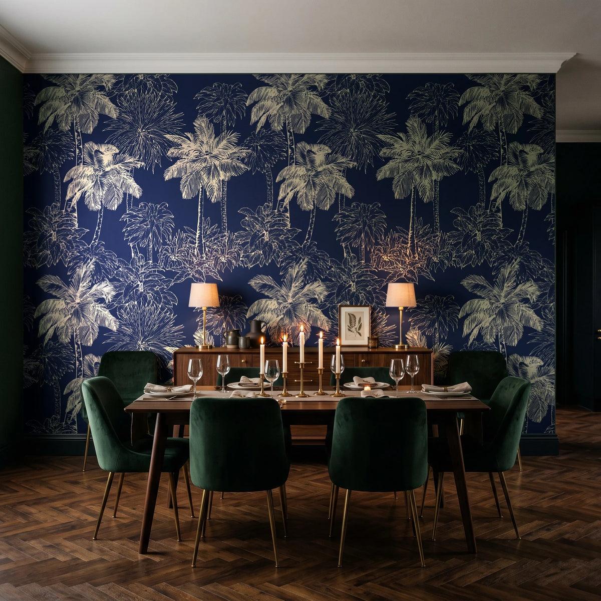 Conservatory Greens Midnight tropical palm toile wallpaper in a dark moody dining room with a candlelit table