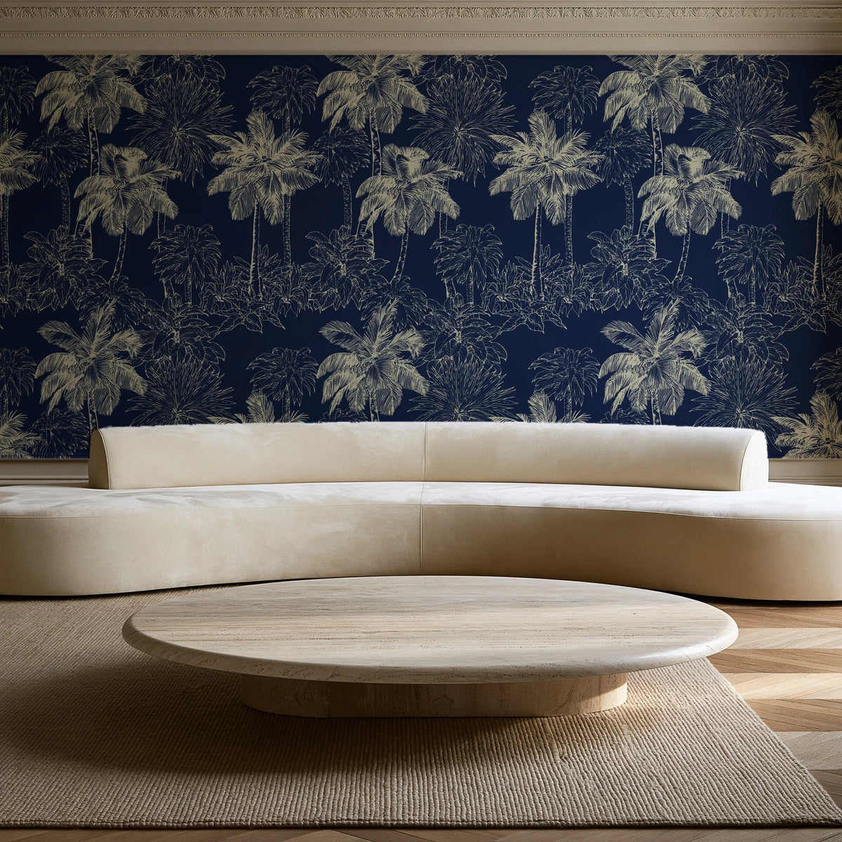 Conservatory Greens Midnight tropical palm toile wallpaper in an elegant living room