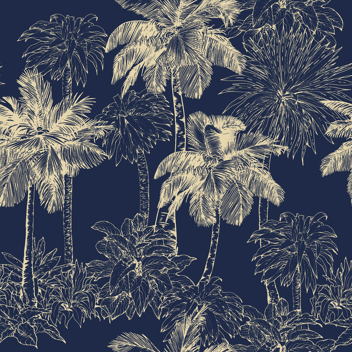 Conservatory Greens Midnight tropical palm toile wallpaper in midnight and gold