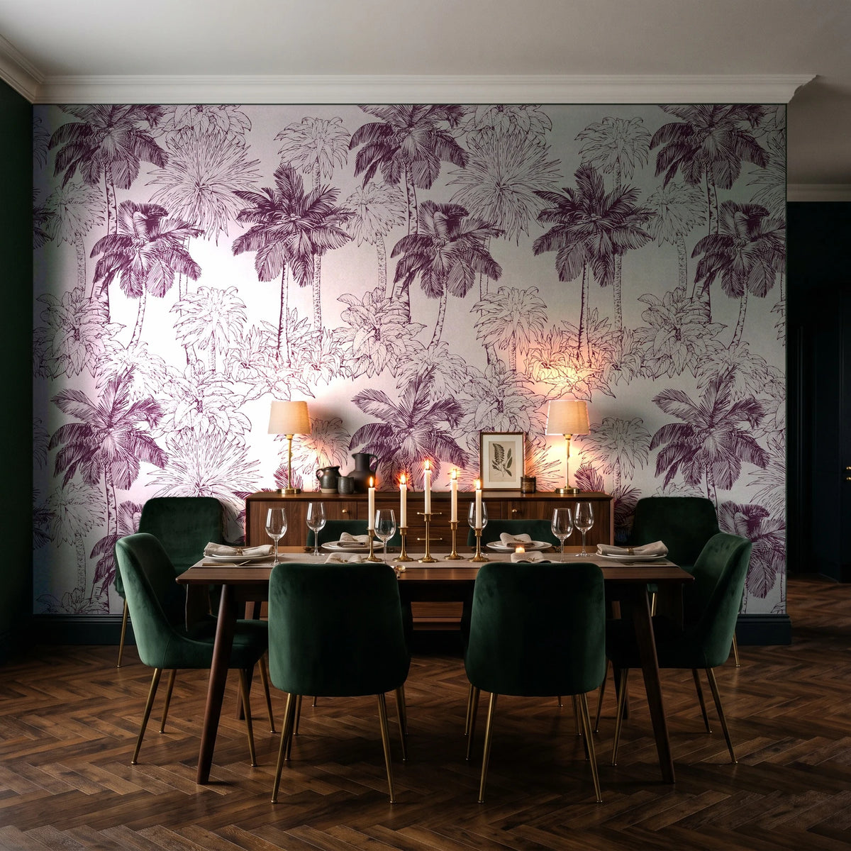 Conservatory Greens Mulberry tropical palm toile wallpaper in a dark moody dining room with a candlelit table
