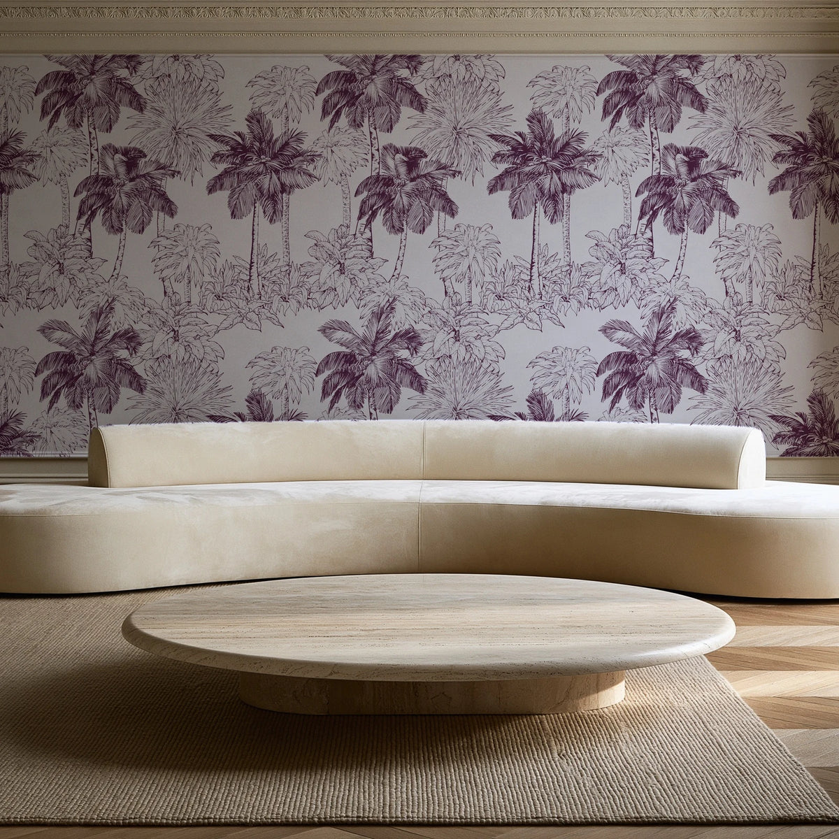 Conservatory Greens Mulberry tropical palm toile wallpaper in an elegant living room