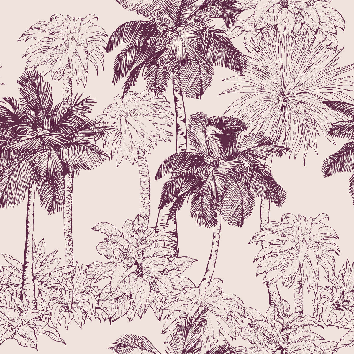 Conservatory Greens Mulberry tropical palm toile wallpaper in mulberry and blush